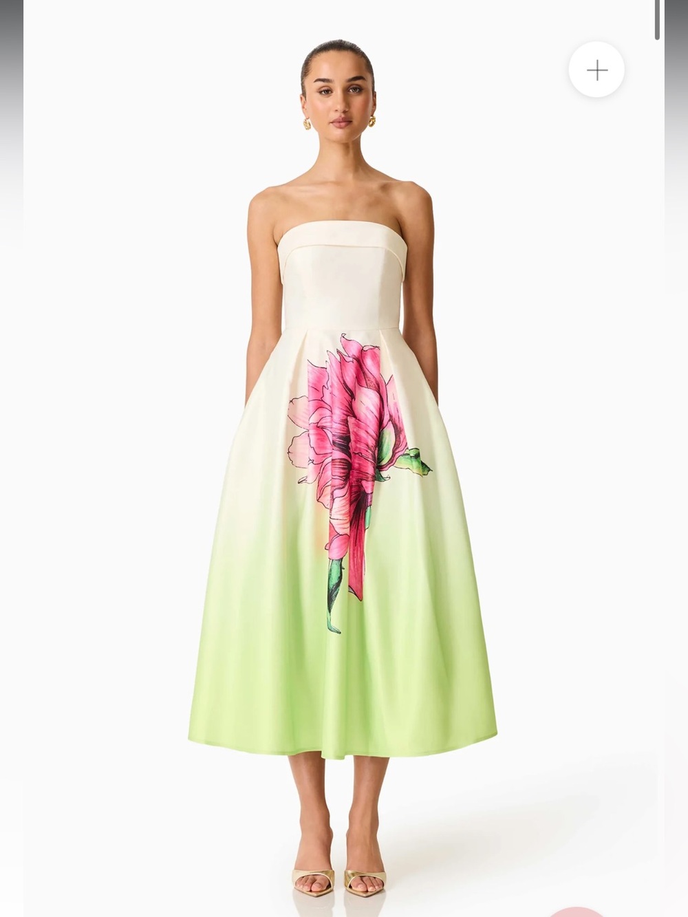 elliatt elisia green & pink floral print strapless satin maxi gown dress small